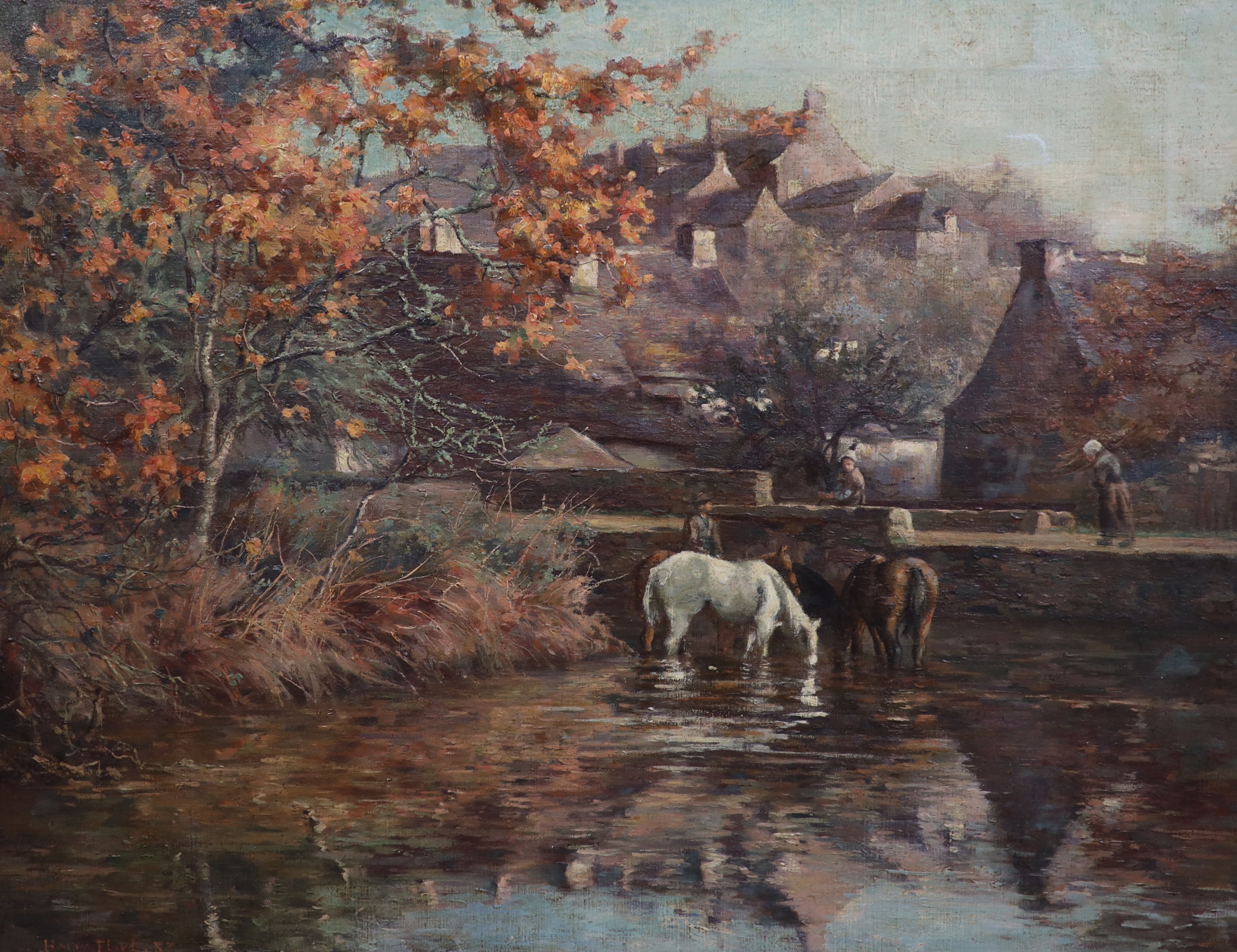 Harry Floyd (American/British, 1871-1917), Riverside town with horses watering, oil on canvas, 54 x 69cm